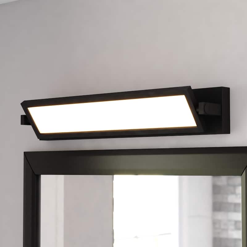 Fremont 1-Light 27 inch Wide Matte Black Bathroom Vanity Lighting Fixture, Adjustable Angle Frosted Shade, LED, Full Backplate