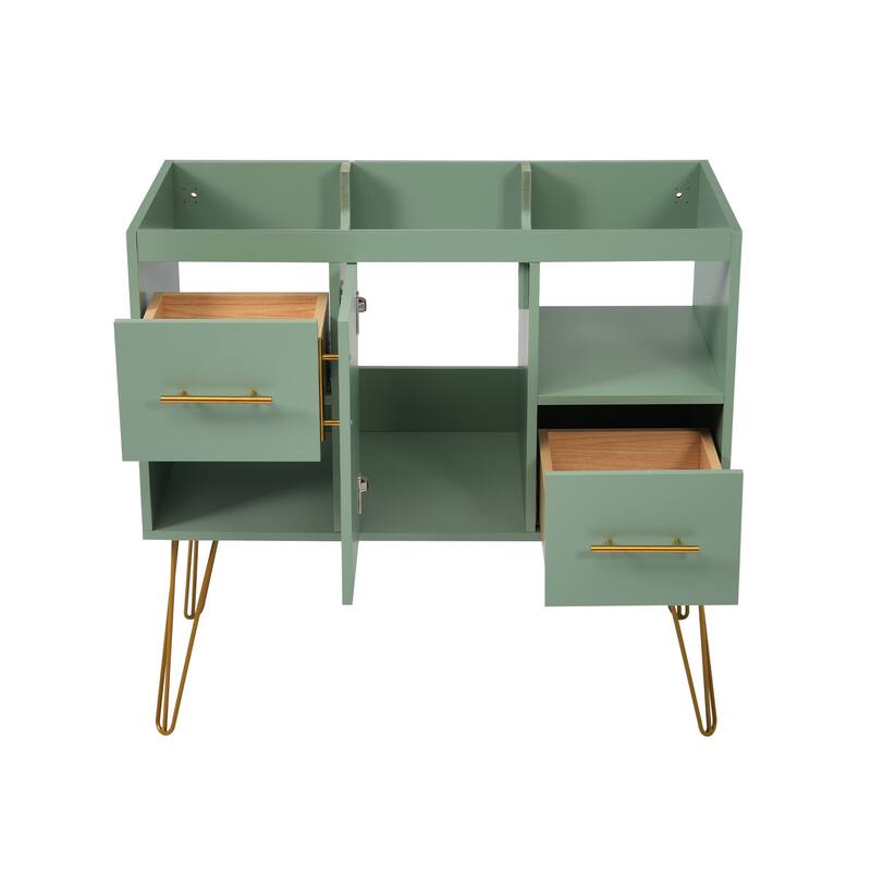 36" Green Bathroom Vanity with Gold Metal Legs, Resin Sink, 2 Drawers & Open Storage Compartments