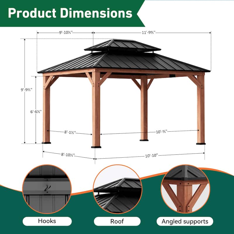 Wood Gazebo 10' x 12', Grill Gazebo with Galvanized Steel Roof, Permanent with Sturdy Hooks for Garden, Backyard