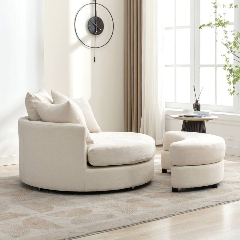 Modern Chenille Swivel Barrel Chair with Storage Ottoman and 4 Pillows
