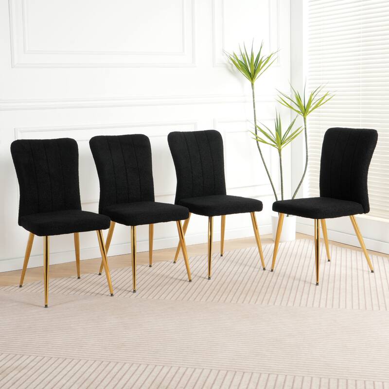 Modern White Teddy Wool Dining Chair with Fabric Accent Side Chair & Gold-Plated Metal Legs Set of 4