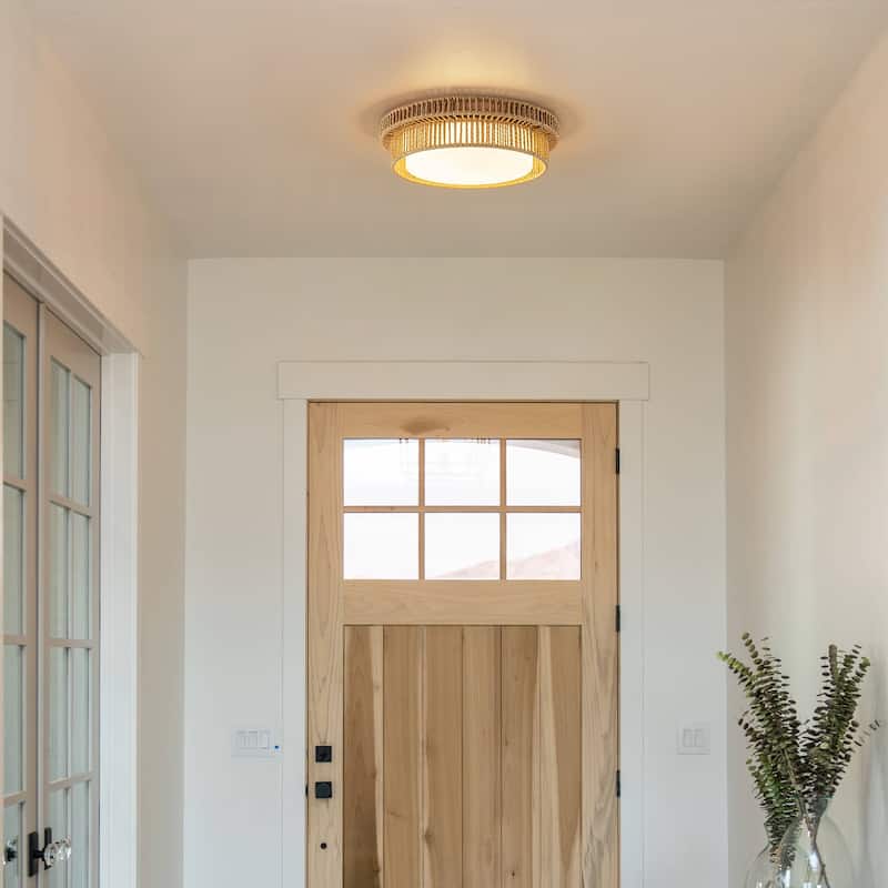 Integrated LED Brown Paper Rope Woven Shade with Opal Glass Flush Mount Ceiling Light - W12" × D12" × H3.2"