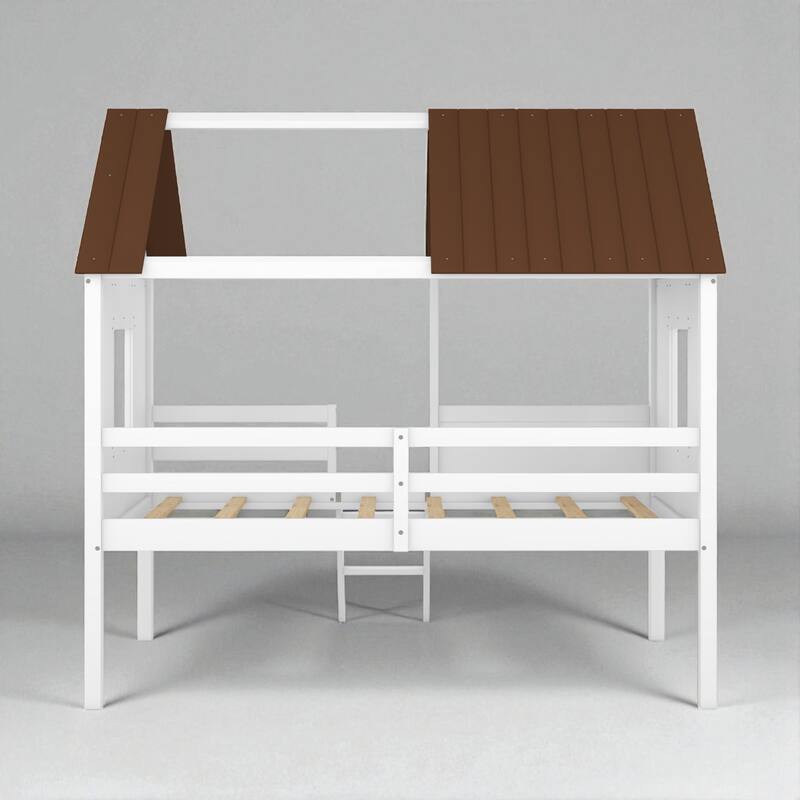 Twin Size House Bed with Roof and Side Windows, Low Loft Wooden Frame for Kids, No Box Spring Needed