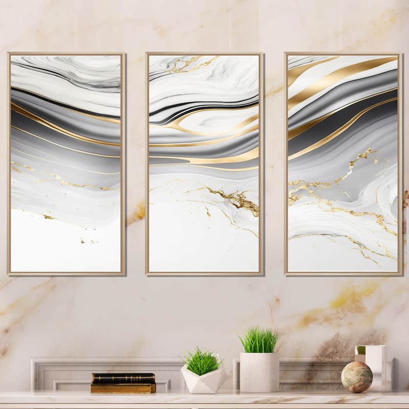 Designart "Abstract Geode Marble Waves Grey III" Modern Waves Framed Canvas Art Print - 3 Panels