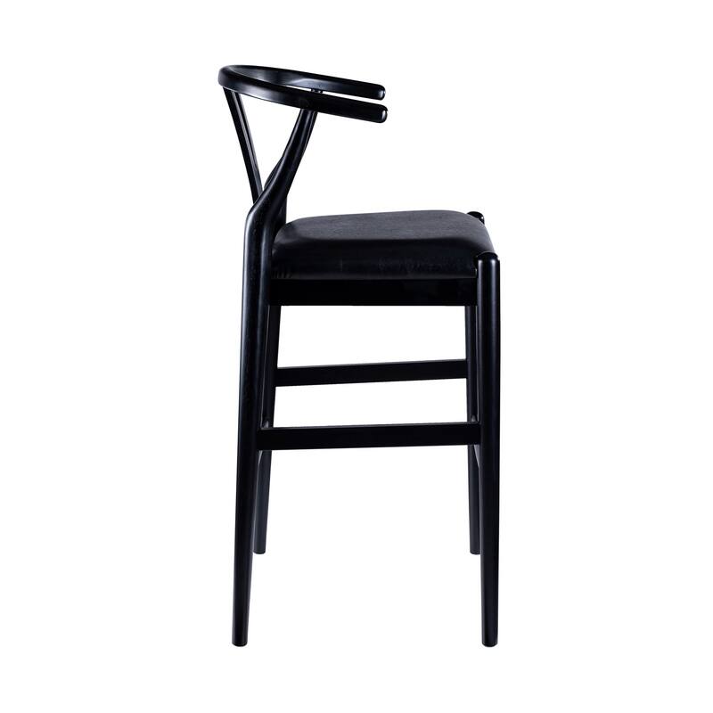 Cera Barstool Chair Set of 2, Rich Faux Leather Seat, Black Rubberwood