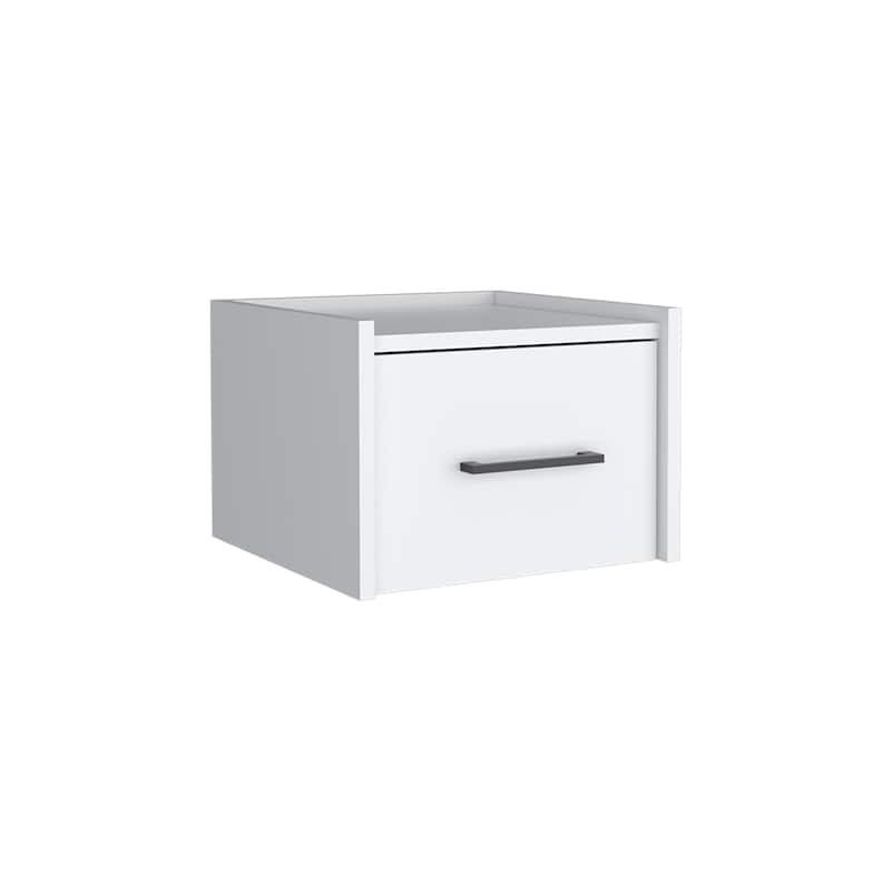 White Modern Floating Nightstand, Space-Saving Design with Convenient Drawer and Black pull Handle