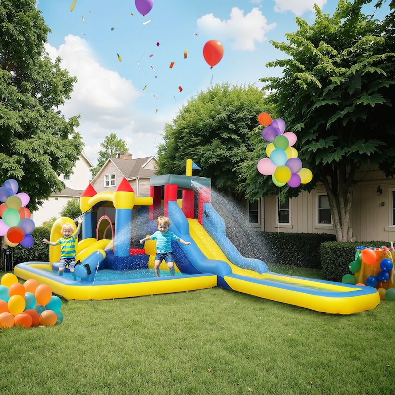 6 in 1 Inflatable Water Park with Splash Pool Slides Trampoline Climbing Wall Basketball Hoop Durable Oxford Fabric Backyard Fun