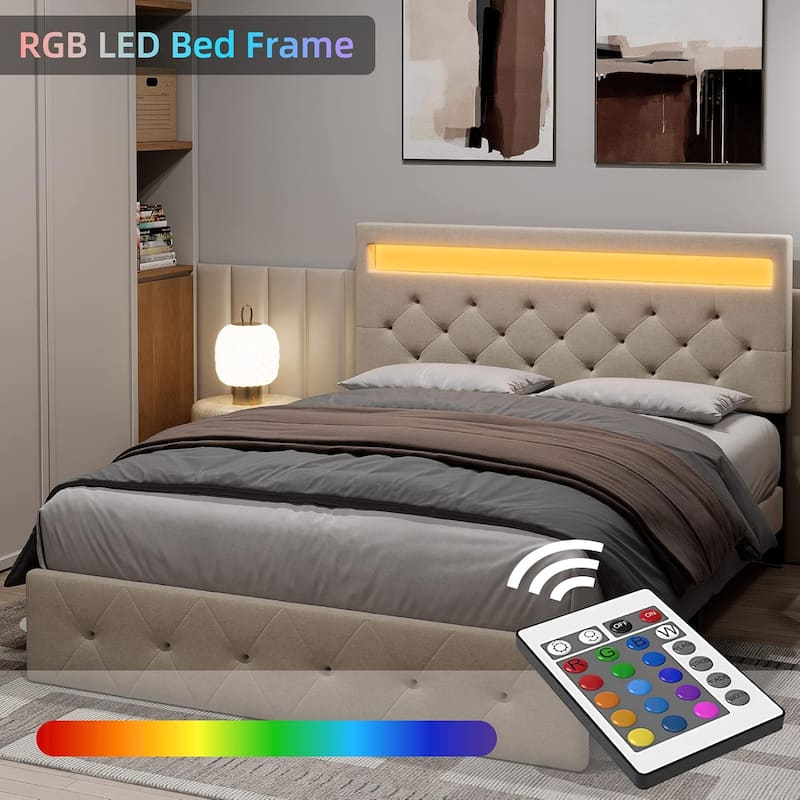 Upholstered Bed Frame with Storage Headboard, LED Lights, Charging Station & Wood Slats, Easy Assembly