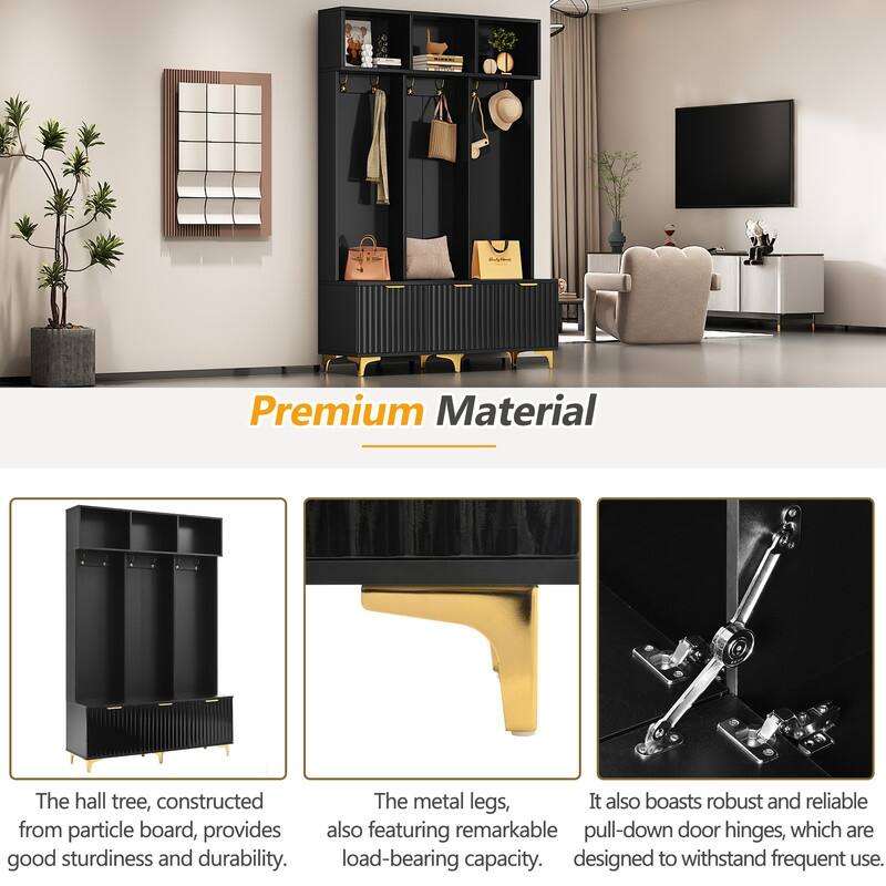 Modern Large Storage Hall Tree with Bench,High Gloss Fluted Doors