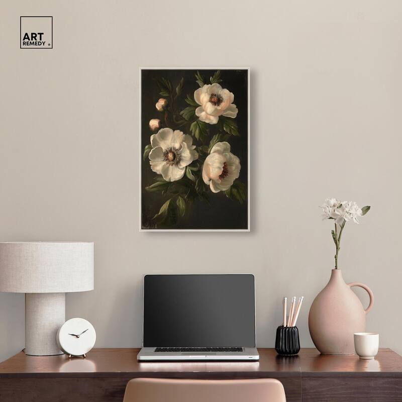 White Peonies in Dark I Canvas by Art Remedy