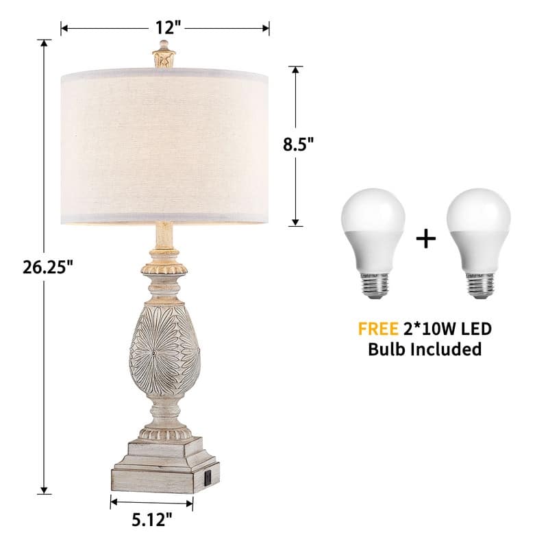 KAWOTI 26.25” Farmhouse Bedside Table Lamp with USB Ports(Set of 2) - W12" x H26.25"