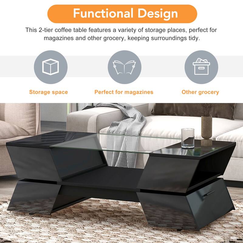 2-Tier Glass Storage Coffee Table for Living Room