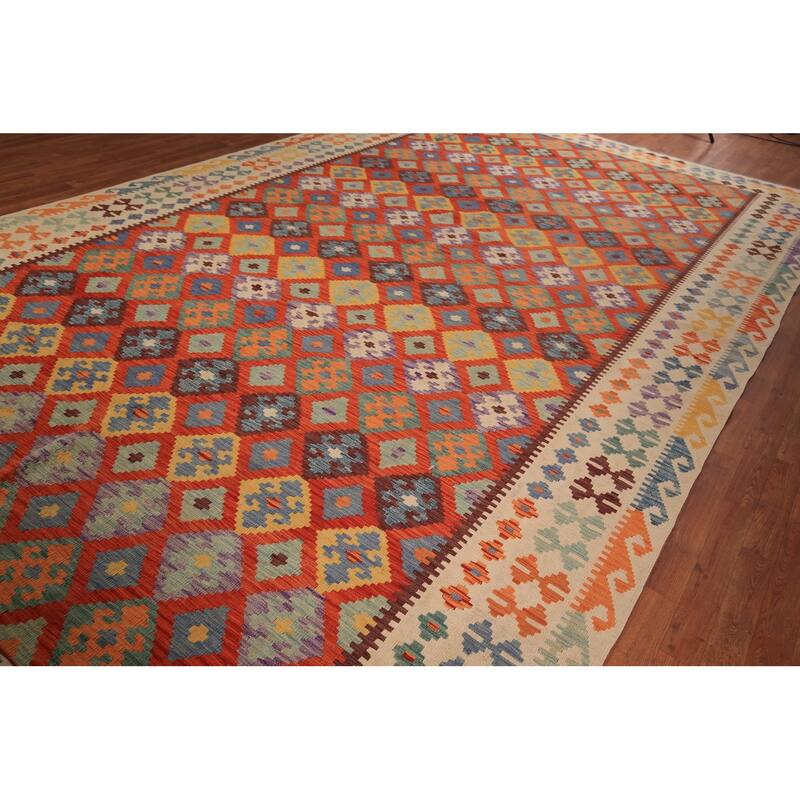 Orange Trellis Kilim Oriental Area Rug Hand-Woven Wool Carpet - 6'2" x 9'10"