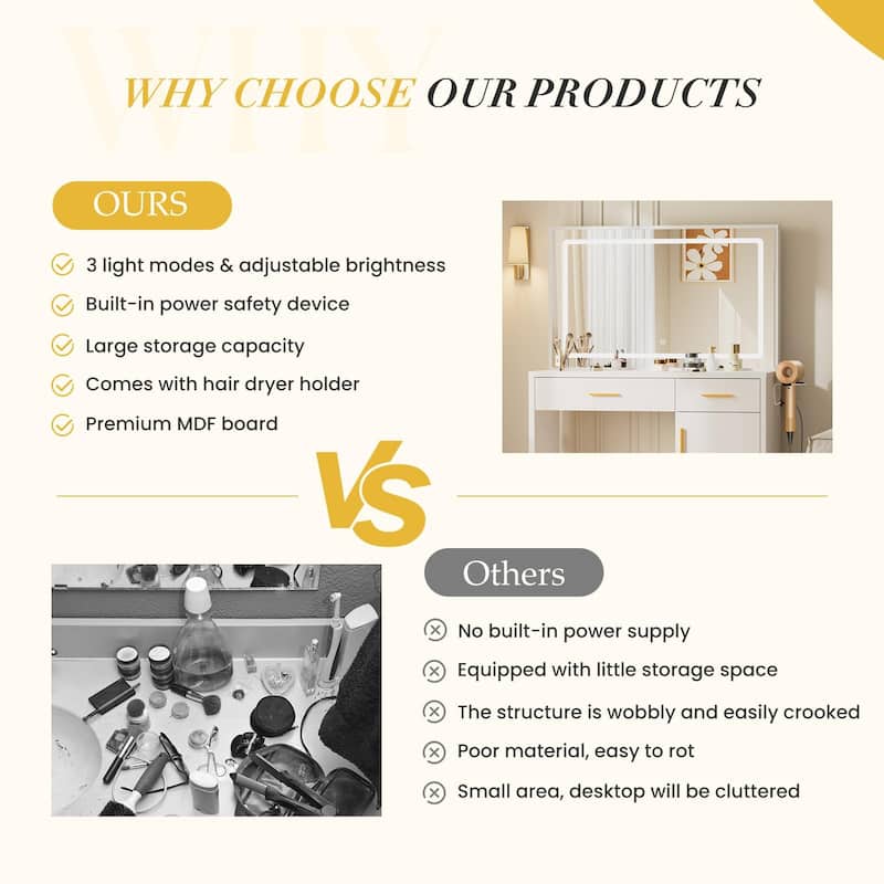 Rossetta 2-Drawer Makeup Vanity Table with Built-In Charging Stations, Big Storage