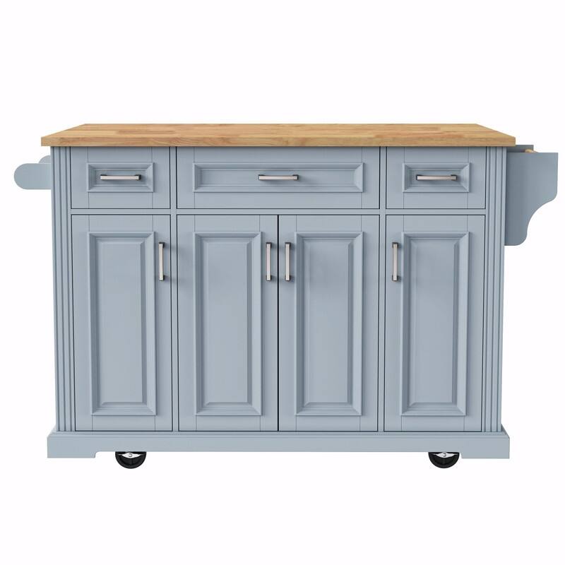 54" Rolling Kitchen Island Cart with Rubberwood Drop Leaf, 4 Doors & 3 Drawers
