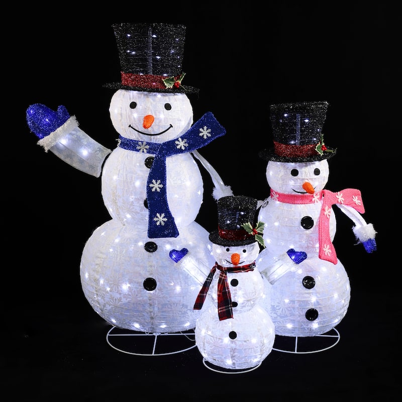 Set of 3 Snowman Family Lighted LED Winter Holiday Yard Decoration - White