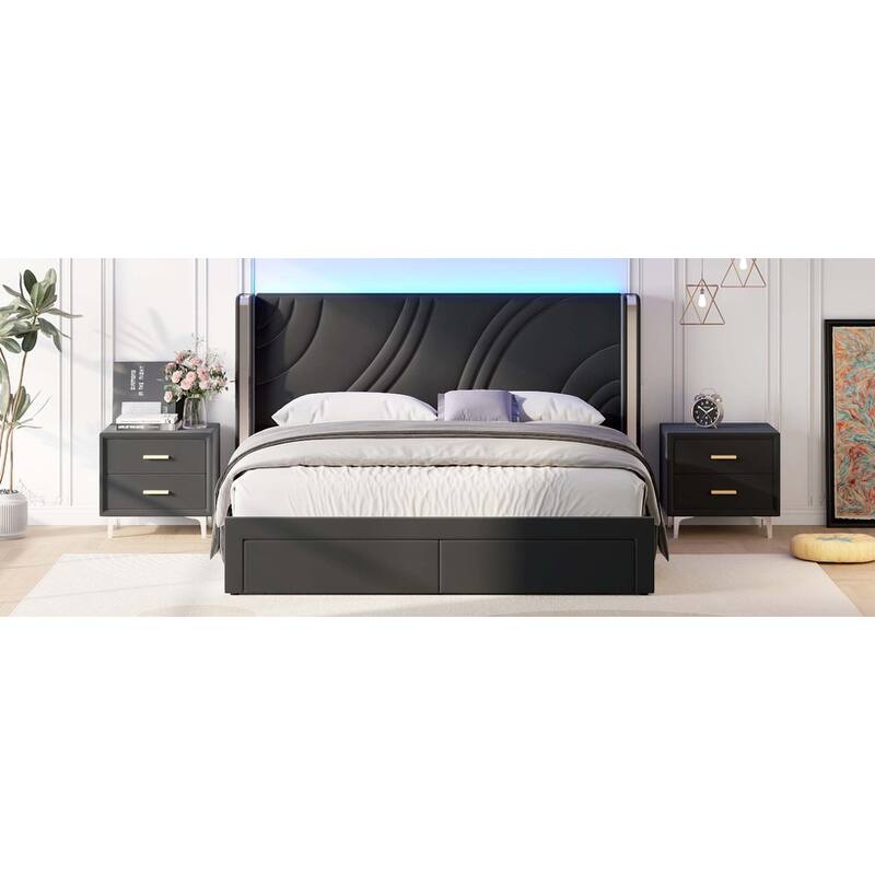 Modern Wingback Bed Frame with Storage Drawers RGB Light