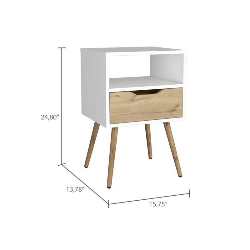 Modern Nightstand with Drawer and Open Shelf, Light Oak Finish, Space-Saving Design