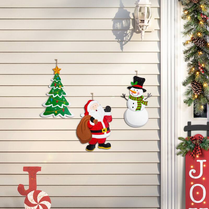 Glitzhome Set of 3 Christmas Metal Santa Snowman Tree Reindeer Candy Cane Yard Stakes Wall Decor