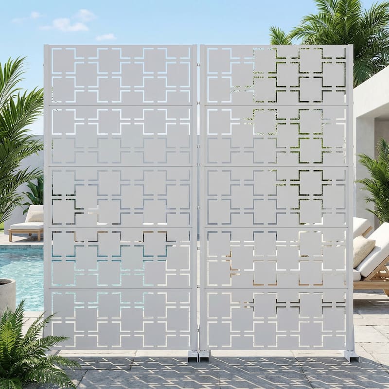 Outdoor Freestanding Metal Privacy Screen Decorative Garden Fence Set of 2 - White - 59"x30"
