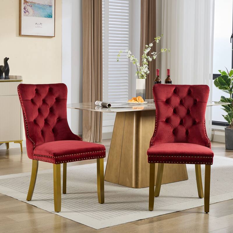 Roomfitters Velvet Dining Chairs Set of 2, Tufted Upholstered Accent Chairs with Lion Head Ring and Golden Wood Legs - Wine Red