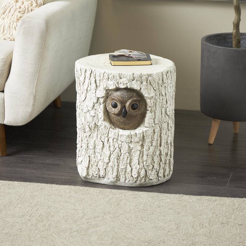 White Magnesium Oxide Tree Trunk Owl Garden Stool with Brown Accents