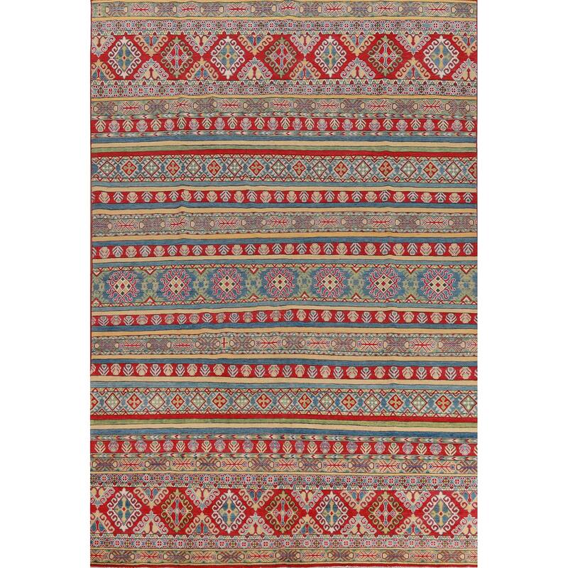 Hand Knotted Oriental 100% Wool Carpet Traditional Geometric Multi-Colored Kazak Area Rug - 11' 9'' X 8' 3''