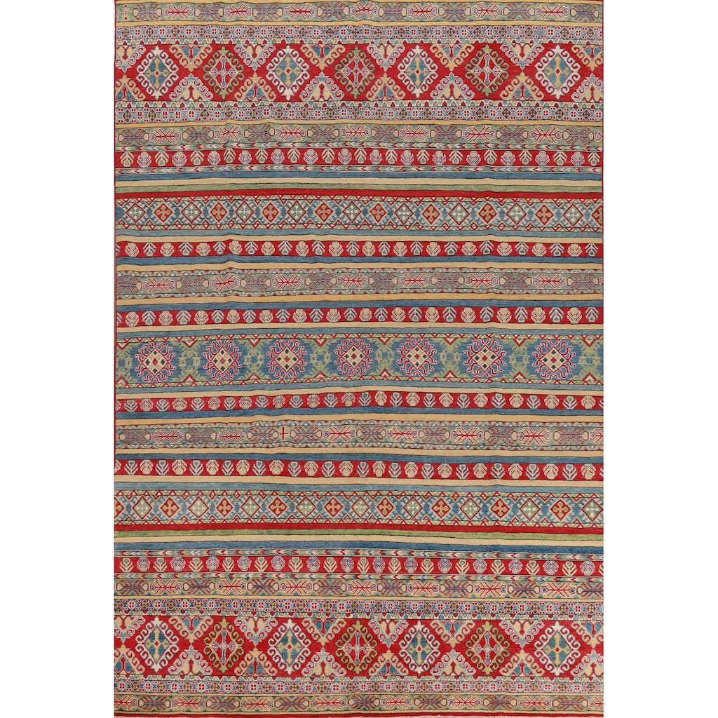 Hand Knotted Oriental 100% Wool Carpet Traditional Geometric Multi-Colored Kazak Area Rug - 11' 9'' X 8' 3''