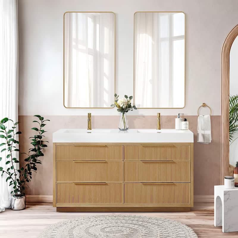 Hohhot Bath Vanity with Integrated Stone Sink Top without Mirror - 60in.(Double Sink) - Washed Ash Grey