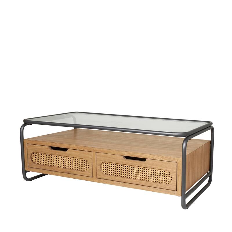 Brown Wooden Living Room Coffee Table with Cane Front Drawers and Gray Metal Frame