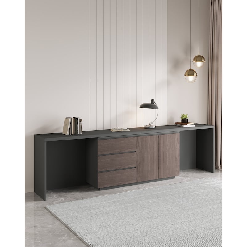 Super Large Modern Home Office Expandable Desk with Drawer Dresser for Storage - Black&Brown