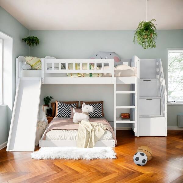 slide 2 of 9, Twin over Twin White Bunk Bed with Stairway, Two Drawers and Slide White - Twin