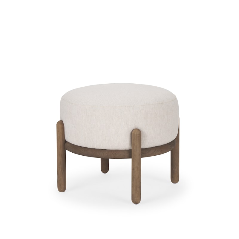 HomeRoots 22" Cream and Brown Solid Wood and Upholstered Round Pouf Ottoman