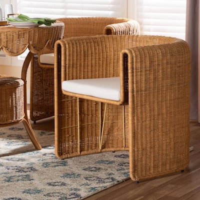 Carina Natural Rattan Barrel Dining Chair - Handwoven Wicker Accent Chair with Curved Backrest, Coastal Boho Style