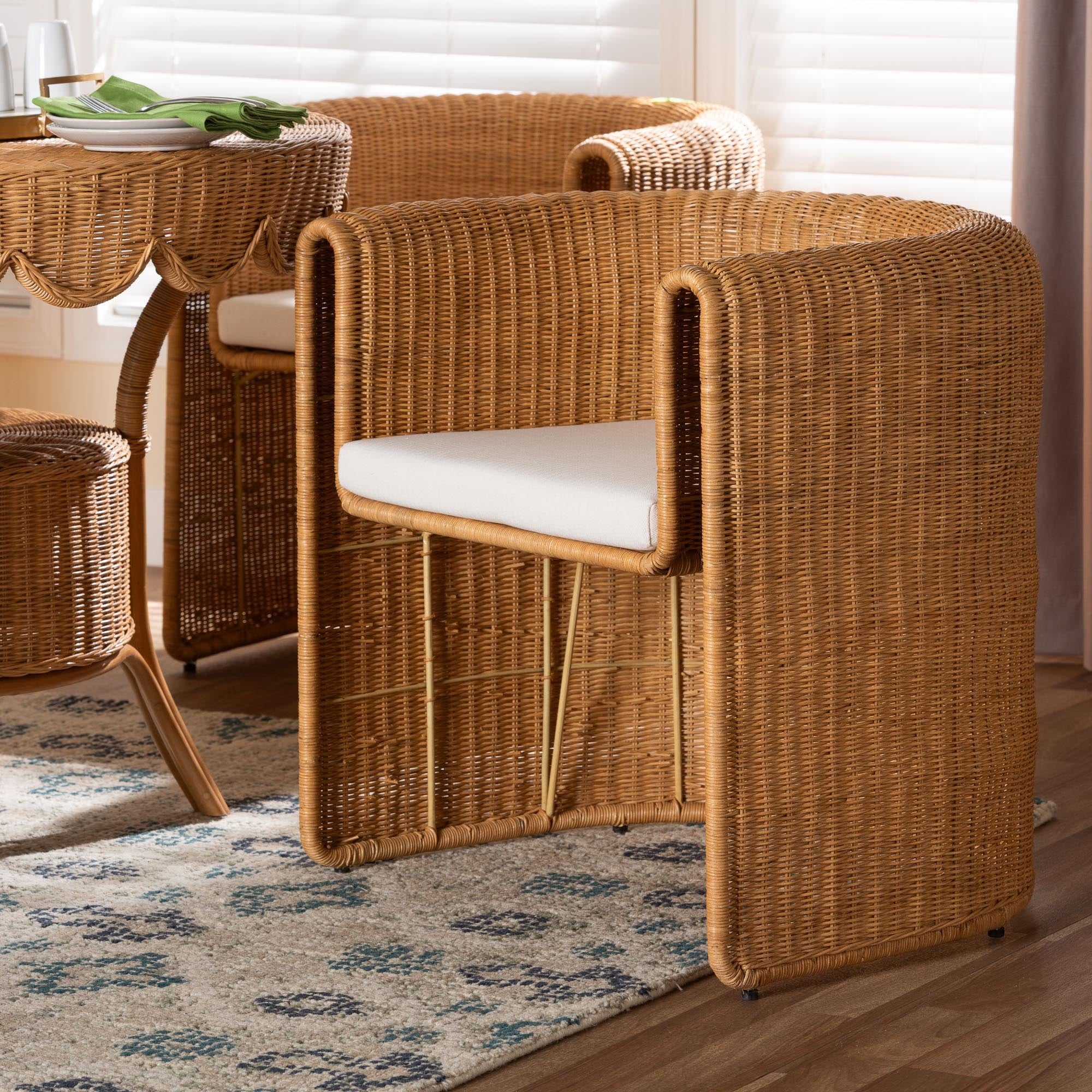 Carina Natural Rattan Barrel Dining Chair - Handwoven Wicker Accent Chair with Curved Backrest, Coastal Boho Style
