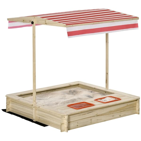 slide 2 of 5, Kids Wooden Sandbox,Covered Children Sand Playset ,w/ Adjustable Canopy Shade,Bottom Liner,Seat,Plastic Basin,Aged 3-8 Years Old Natural