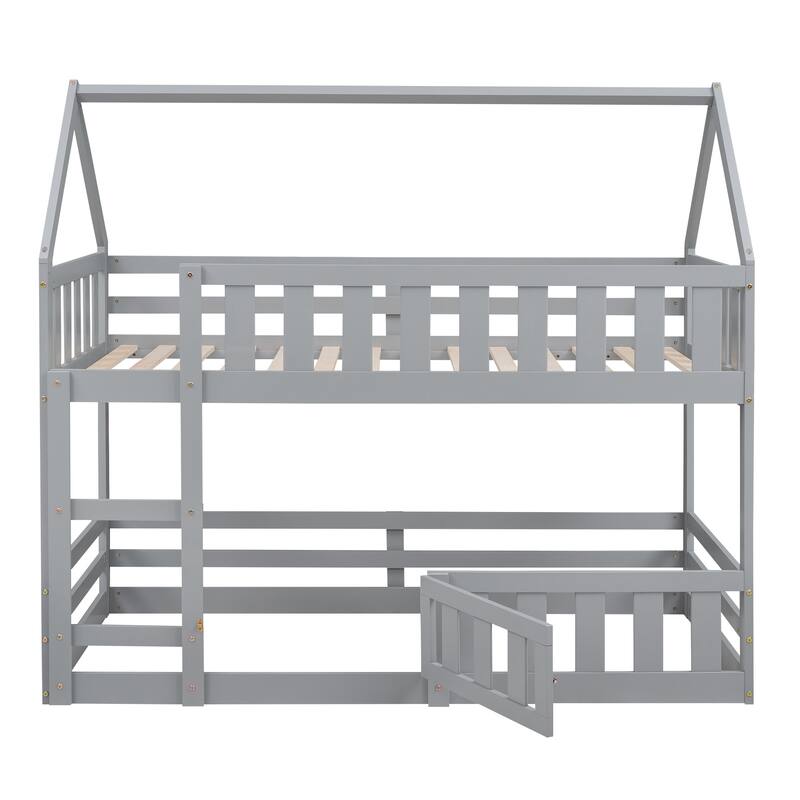 Twin over Twin House Bunk Bed with Fence and Door