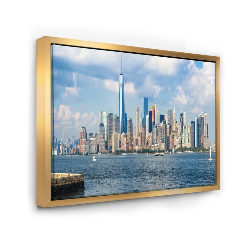Designart "Lower Manhattan Skyline Panorama" Cityscape Framed Canvas Art Print - 40 in. wide x 30 in. high - Gold