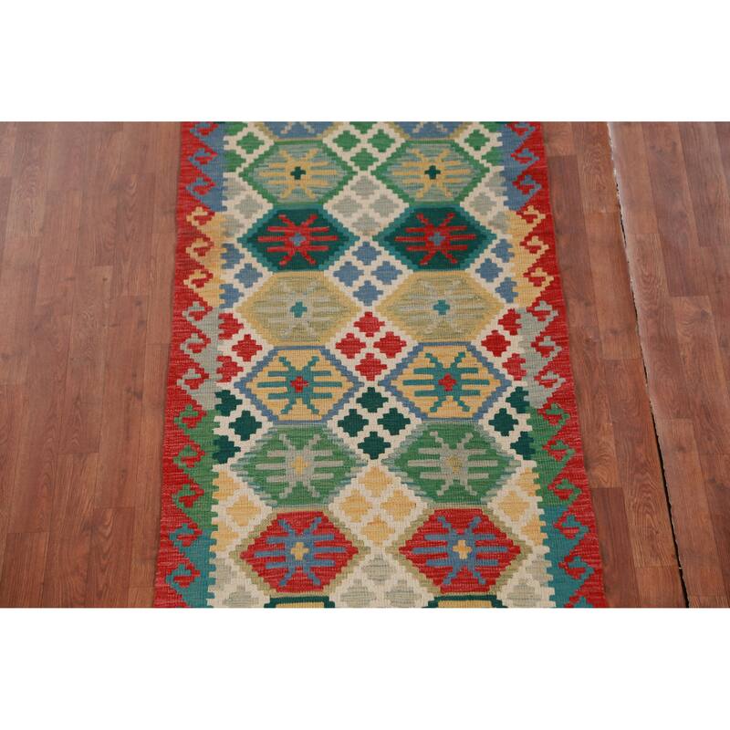 Hand Woven Oriental 100% Wool Carpet Southwestern All-Over Multi-Colored Kilim Runner Rug - 15' 11'' X 2' 10''