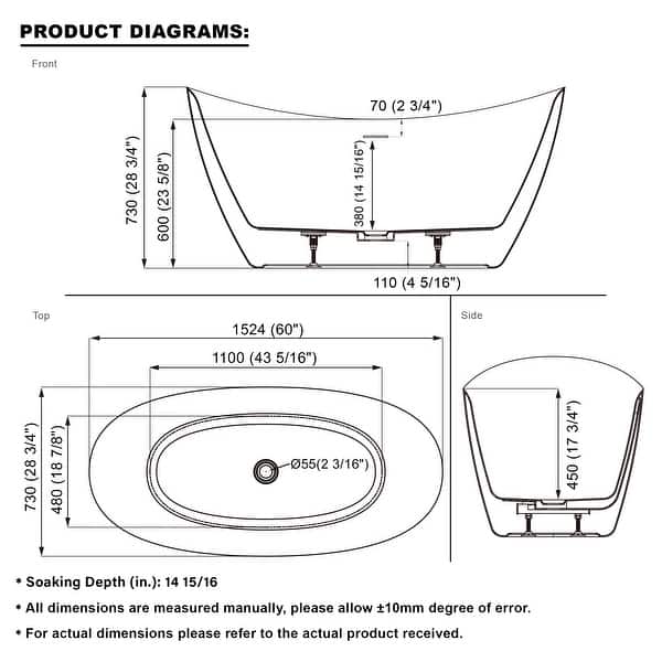 dimension image slide 1 of 4, Freestanding Soaking Bathtub,100% Pure Virgin Acrylic with Drain And Groove Overflow,Glossy White