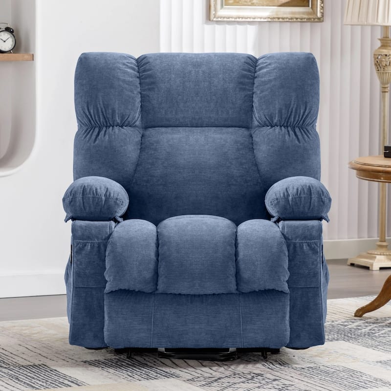 Blue Power Lift Recliner with Heat, Massage, USB Charging, Side Pockets, and Remote Control for Convenience
