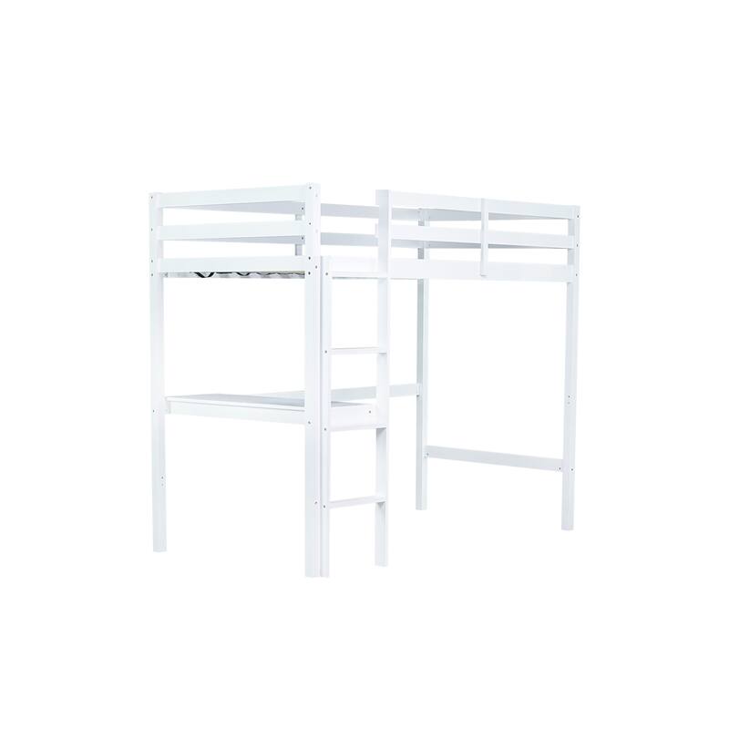 Twin High Loft Bed, Rubber Wood Loft Bed with Safety Guardrail, built-in desk,ladder