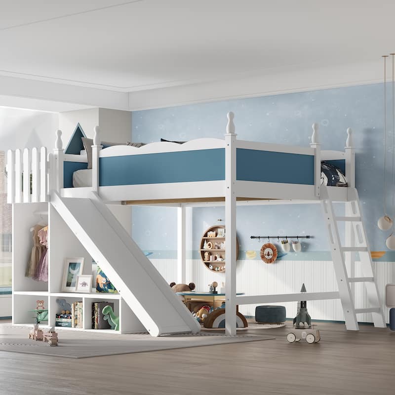 Queen Loft Bed with Storage Shelves and Wardrobe, Solid Wood Loft Beds with Detachable Slide and Ladders, No Spring Box Needed