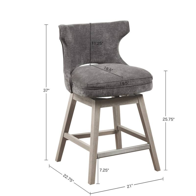 Roomfitters 360-Swivel Counter Stool, Upholstered Low Back Bar Chair with Nailhead Trim and Metal Kickplate - Charcoal