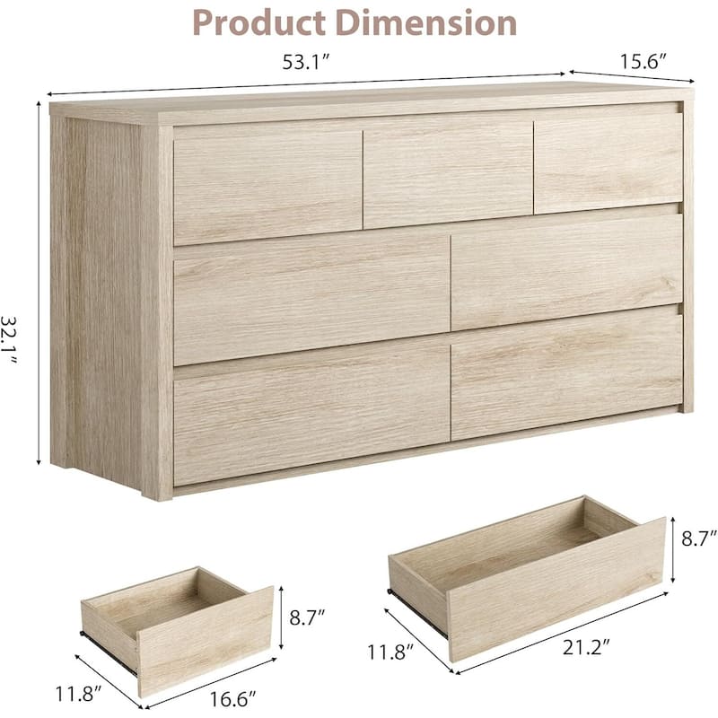 Modern Wide 7 Drawer Dresser Storage Cabinet for Living Room, Hallway Entryway