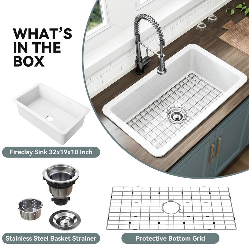 HOROW White Fireclay 32 in. Single Bowl Undermount/Drop-In Kitchen Sink with Basket Strainer and Sink Grid