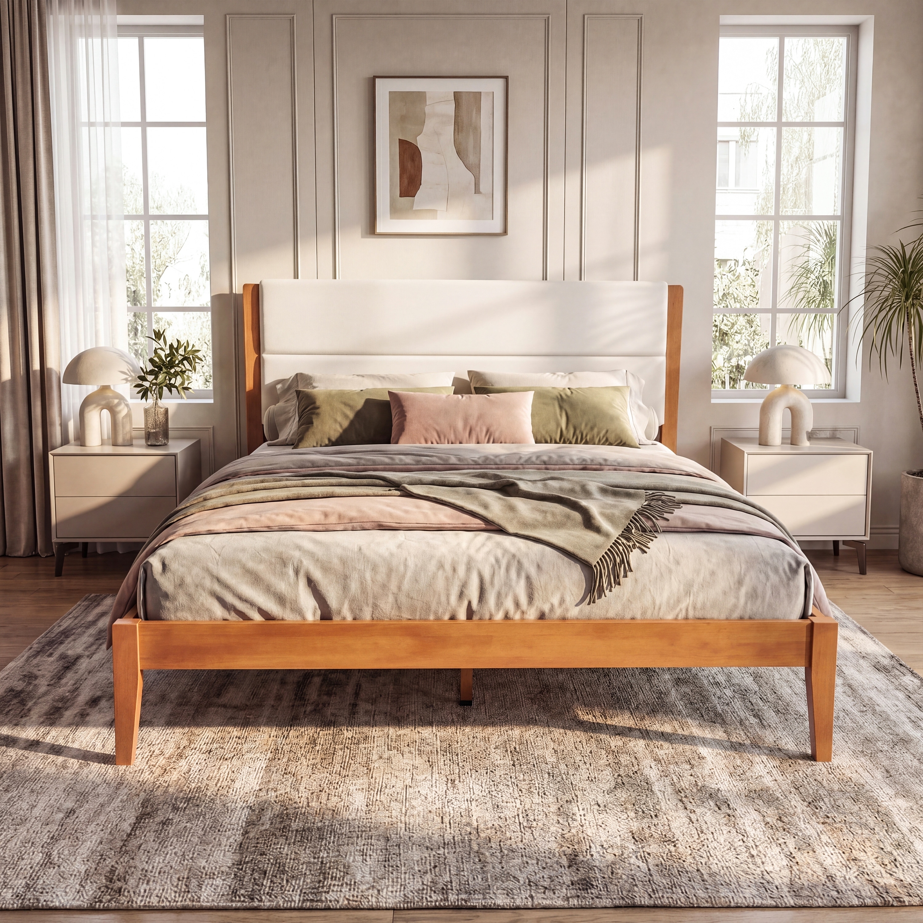King Size Platform Bed Frame with Upholstered Headboard