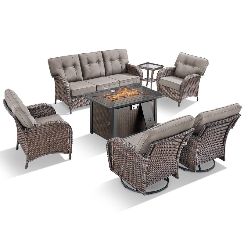 TWrap Wicker Patio Iron Fire Pit Conversation Set with 3-Seat Sofa & Swivel Gliders & Armchairs