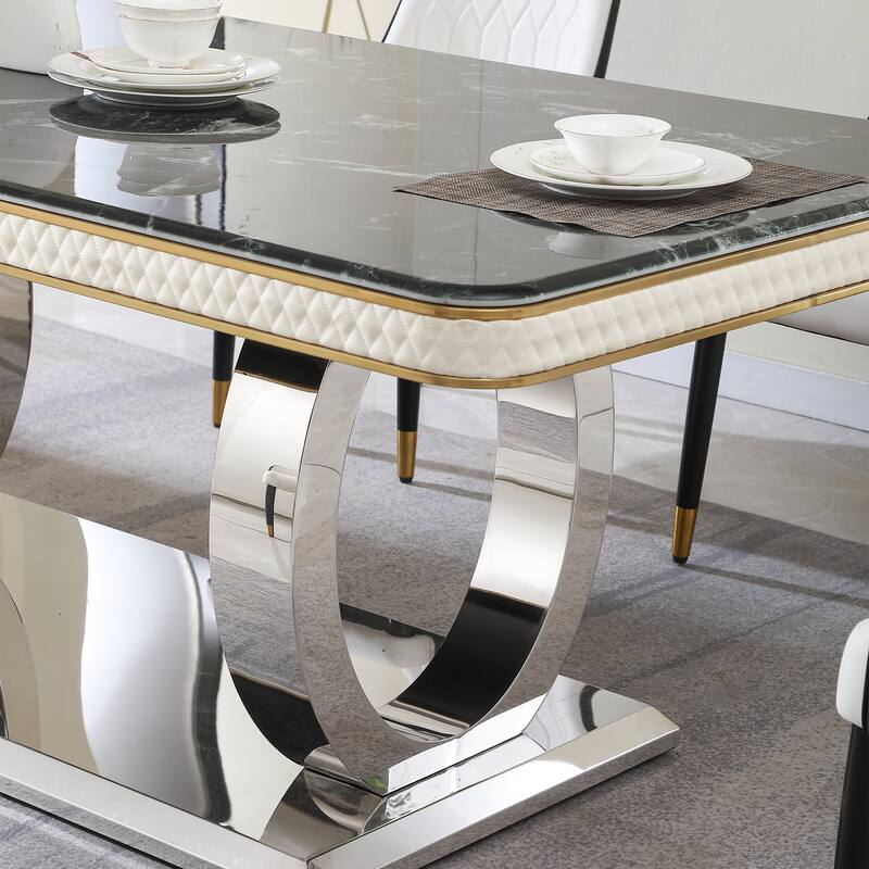 Luxury Modern Dining Table 78.7inch Black Dining Table with 8 chairs Faux Marble Dining Table Top with Dual Circle Bas