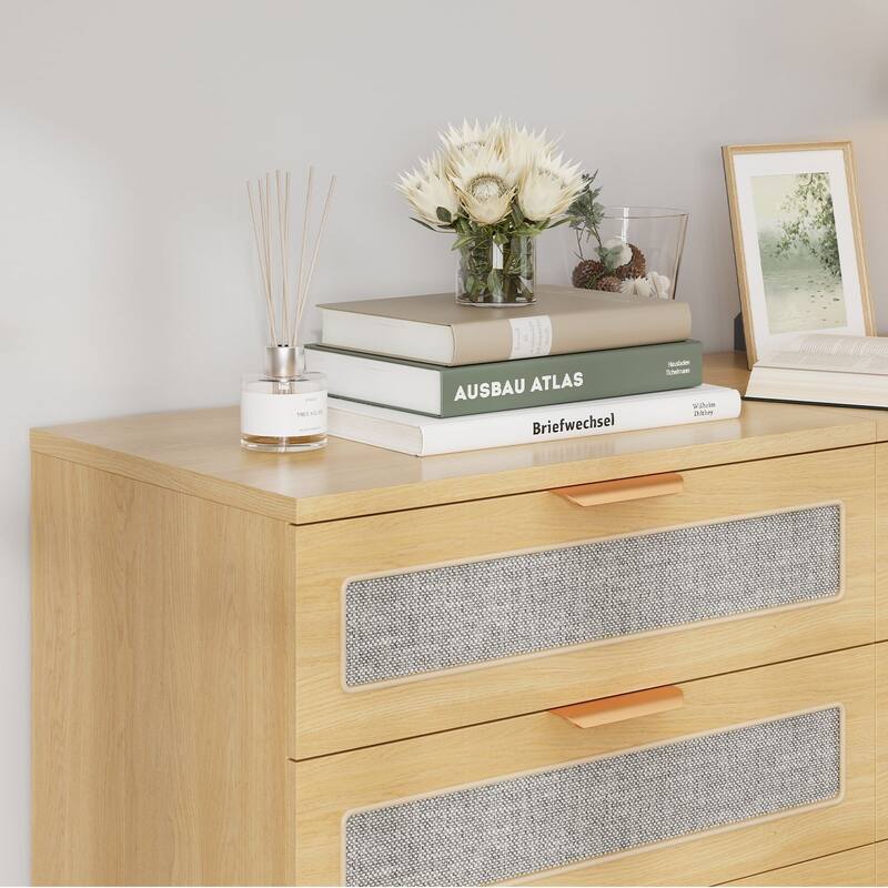 Gymojoy 47" 6 Drawer Rattan Dresser for Bedroom, Boho Farmhouse Wood Chest of Drawers with Metal Handles, Closet Organizer